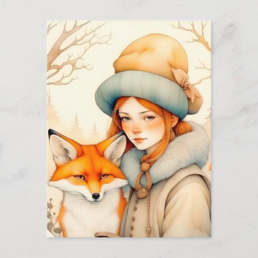 Carte Postale Cute Little Girl With Fox Chritmas  (Devant)