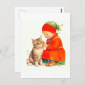 Carte Postale Cute Little Girl With Kitten Chritmas (Devant / Derrière)