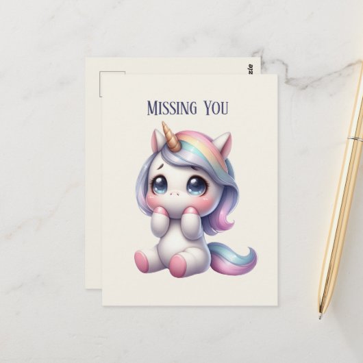 Carte Postale Cute Missing you unicorn (Devant/Arrière en situation)