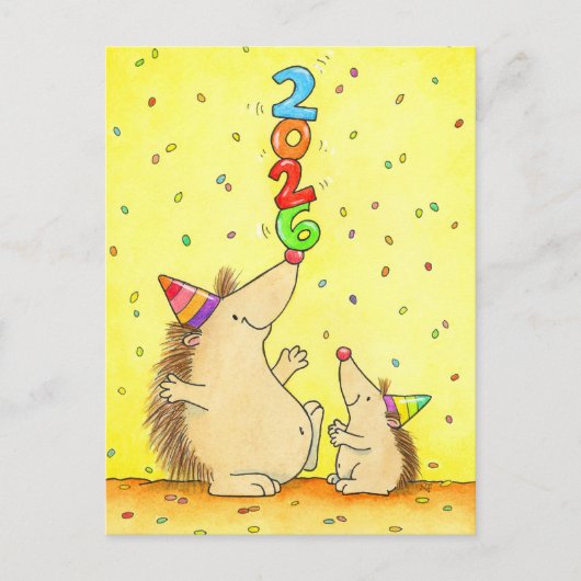 Carte Postale Cute New Year 2026 – Cartoon Hedgehogs for Kids (Devant)