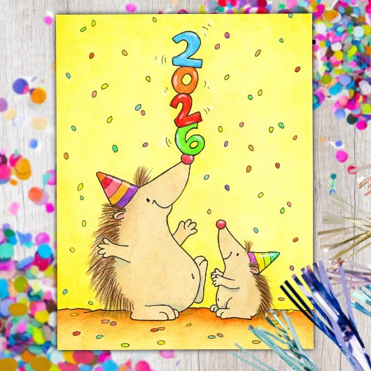 Carte Postale Cute New Year 2026 – Cartoon Hedgehogs for Kids
