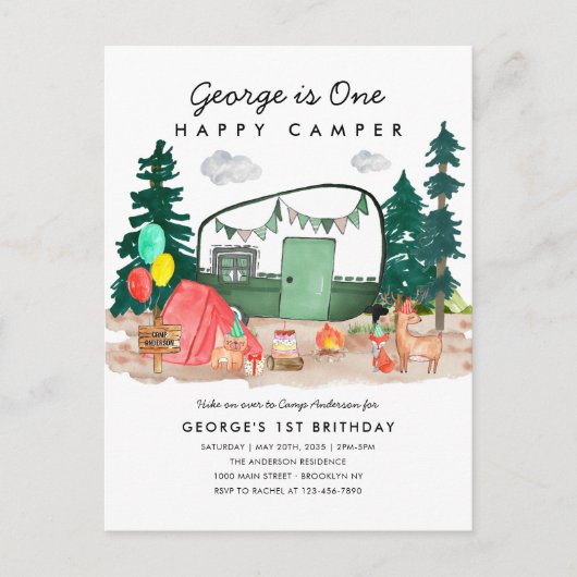 Carte Postale Cute ONE Happy Camper Forest Camping 1er anniversa (Devant)