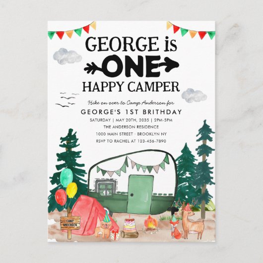 Carte Postale Cute ONE Happy Camper Woods Camping 1er anniversai (Devant)