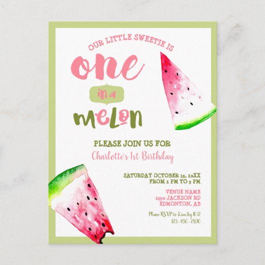 Carte Postale Cute One in a Melon 1er Anniversaire Rose Green (Devant)