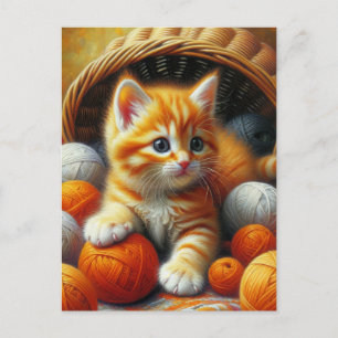Carte Postale Cute Orange et Kitten blanc Jouer en Fil