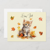 Carte Postale Cute Orange Tabby Kitten dans les feuilles d'autom (Devant / Derrière)