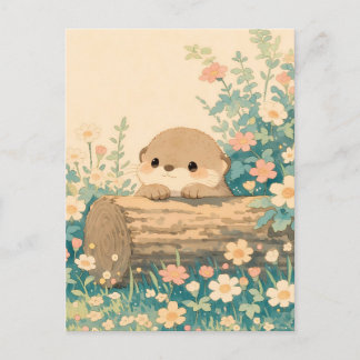 Carte Postale Cute Otter Peeking Over Log in Meadow
