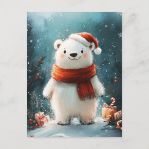 Carte Postale Cute Ours Polaire Chapeau de Père Noël et Arbre