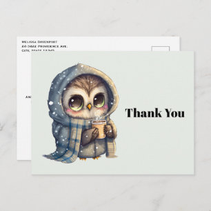 Carte Postale Cute Owl tenant un Merci de café