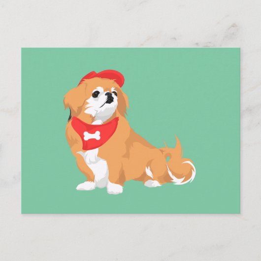 Carte Postale Cute Pekingese avec Casquette rouge et chien Bone  (Devant)