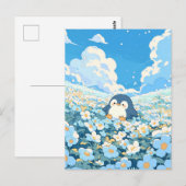 Carte Postale Cute Penguin in Blue Flower Meadow (Devant / Derrière)