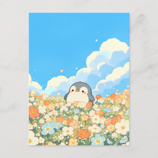 Carte Postale Cute Penguin in Orange Flower Meadow (Devant)