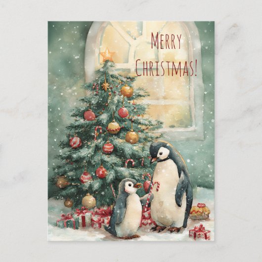 Carte Postale Cute penguins decorates Christmas tree, Christmas (Devant)