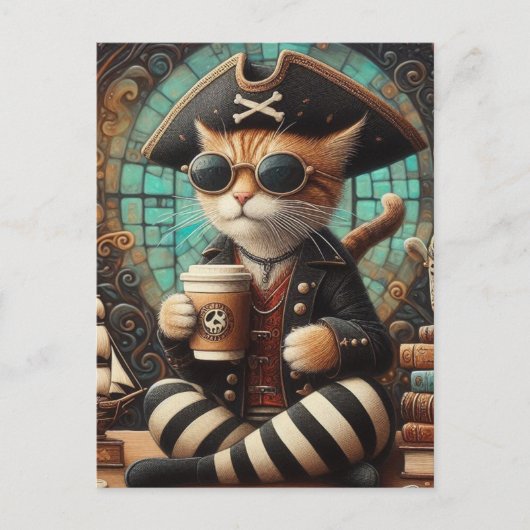 Carte Postale Cute Pirate Cat avec Café (Devant)