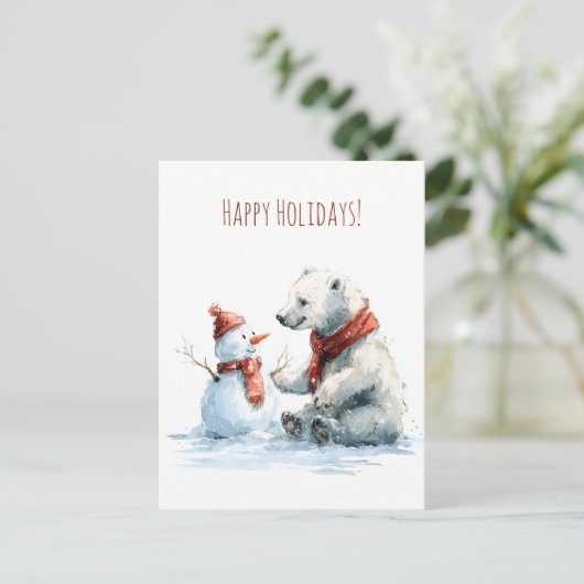 Carte Postale Cute polar bear build a snowman, Christmas (Debout devant)