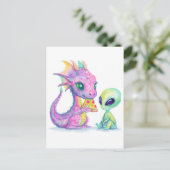 Carte Postale Cute Purple Dragon Bébé Manger Pizza Avec Alien (Debout devant)