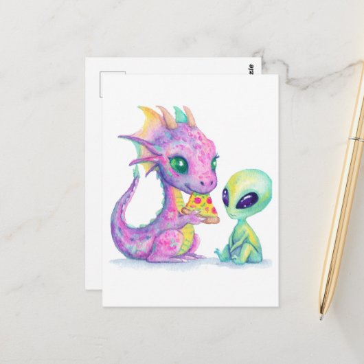 Carte Postale Cute Purple Dragon Bébé Manger Pizza Avec Alien (Devant/Arrière en situation)