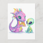 Carte Postale Cute Purple Dragon Bébé Manger Pizza Avec Alien (Devant)