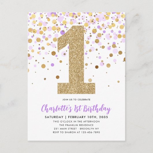 Carte Postale Cute Purple Gold Parties scintillant Confetti 1er (Devant)