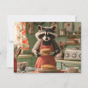 Carte Postale Cute Raccoon Chef dans cuisine rétro à servir Panc