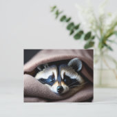 Carte Postale Cute Racoon niché dans une couverture souple (Debout devant)