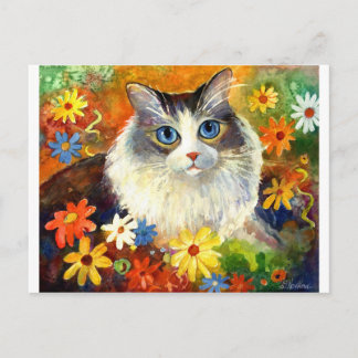 Carte Postale Cute Ragdoll Chat avec fleurs
