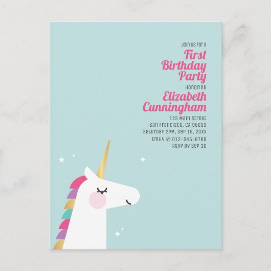 Carte Postale Cute Rainbow Unicorn Anniversaire Fête Invitation (Devant)