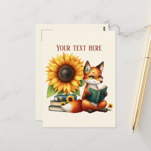 Carte Postale Cute reading fox customizable (Devant/Arrière en situation)