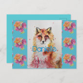 Carte Postale Cute Red Fox Animal Turquoise Rose Roses (Devant / Derrière)