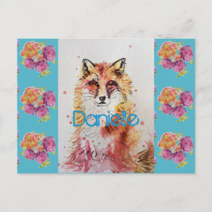 Carte Postale Cute Red Fox Animal Turquoise Rose Roses