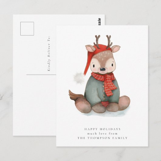 Carte postale Cute Reindeer Watercolor Holiday (Devant / Derrière)