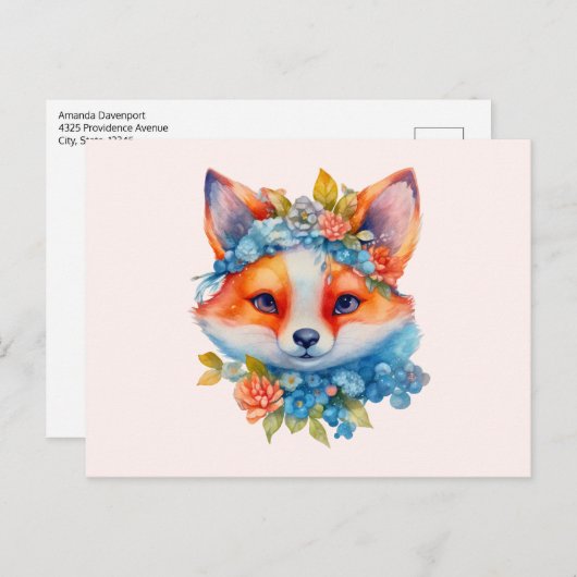 Carte Postale Cute Renard orange avec Couronne florale (Devant / Derrière)