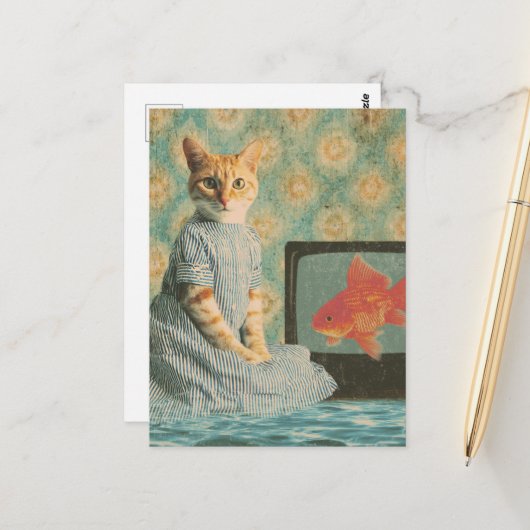 Carte Postale Cute Retro Ginger Cat With Goldfish Retro Collage (Devant/Arrière en situation)