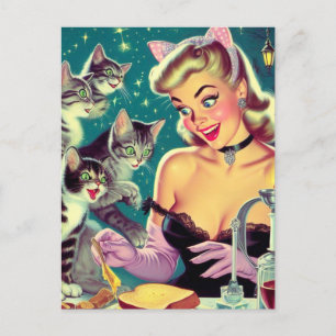 Carte Postale Cute Retro Pin-up de chat