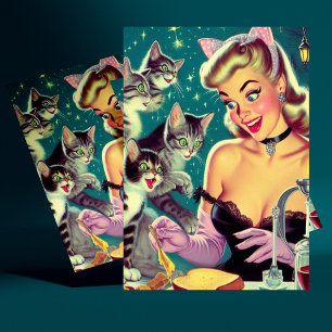 Carte Postale Cute Retro Pin-up de chat