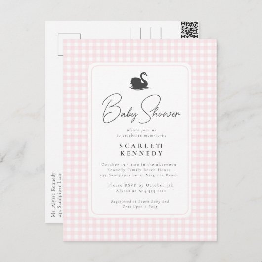 Carte Postale Cute Rose En vichy Swan Baby shower simple (Devant / Derrière)