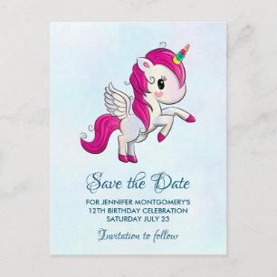 Carte Postale Cute rose licorne avec ailes Enregistrer la date