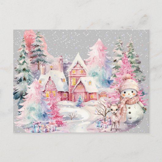 Carte Postale Cute rose Snowman hiver Wonderland (Devant)