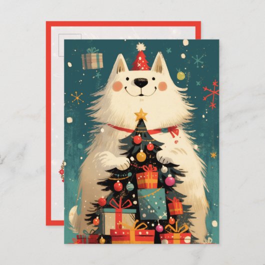 Carte Postale Cute Samoyed dog with Christmas (Devant / Derrière)