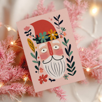 Carte Postale Cute Santa Claus Retro Floral Pink Merry Christmas
