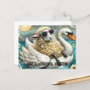 Carte Postale Cute Sheep Swan Floatie Avoir un merveilleux séjou