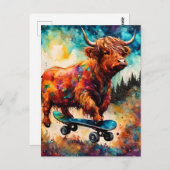Carte Postale Cute Skateboard Highland Cow (Devant / Derrière)