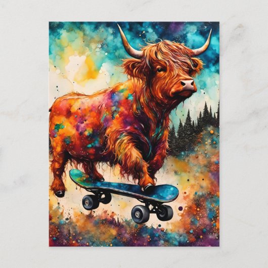 Carte Postale Cute Skateboard Highland Cow (Devant)