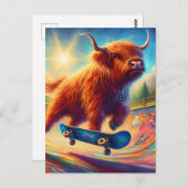 Carte Postale Cute Skateboard Highland Cow (Devant / Derrière)