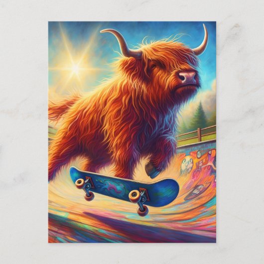 Carte Postale Cute Skateboard Highland Cow (Devant)