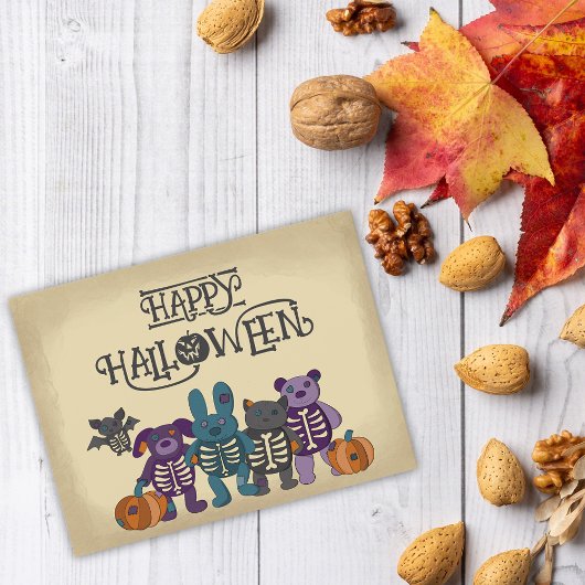 Carte Postale Cute Skeleton Animaux et Halloween Citrouille