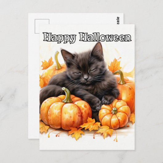 Carte Postale Cute Sleepy Little Black Halloween Kitten (Devant / Derrière)