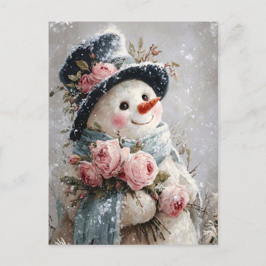 Carte Postale Cute Snowman with Pink Roses (Devant)