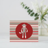 Carte Postale Cute Sock Monkey on Red Circle Red Brown Stripes (Debout devant)