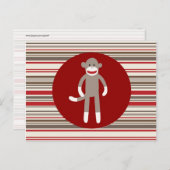 Carte Postale Cute Sock Monkey on Red Circle Red Brown Stripes (Devant / Derrière)